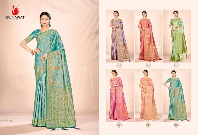 Italian Silk By Bunawat 1001 To 1006 Designer Satan Silk Sarees Wholesale Shop In Surat
